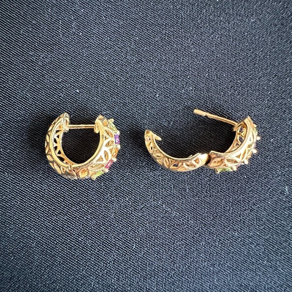 Genuine 14K & multi gemstone EUC hinged huggie hoop earrings. - Picture 3 of 5